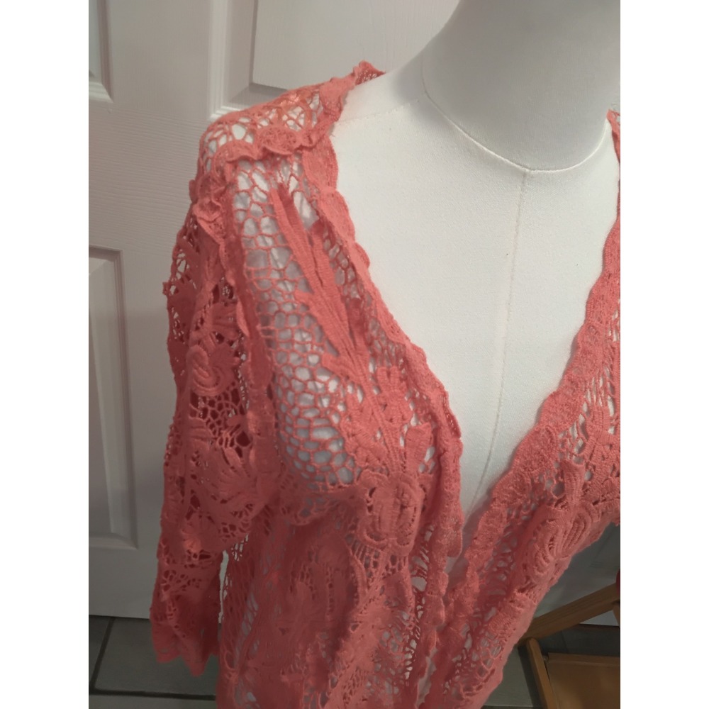 Fever Coral Pink Floral Crochet Lace Open Front Cardigan XL Cotton Boho Layering - Picture 3 of 7